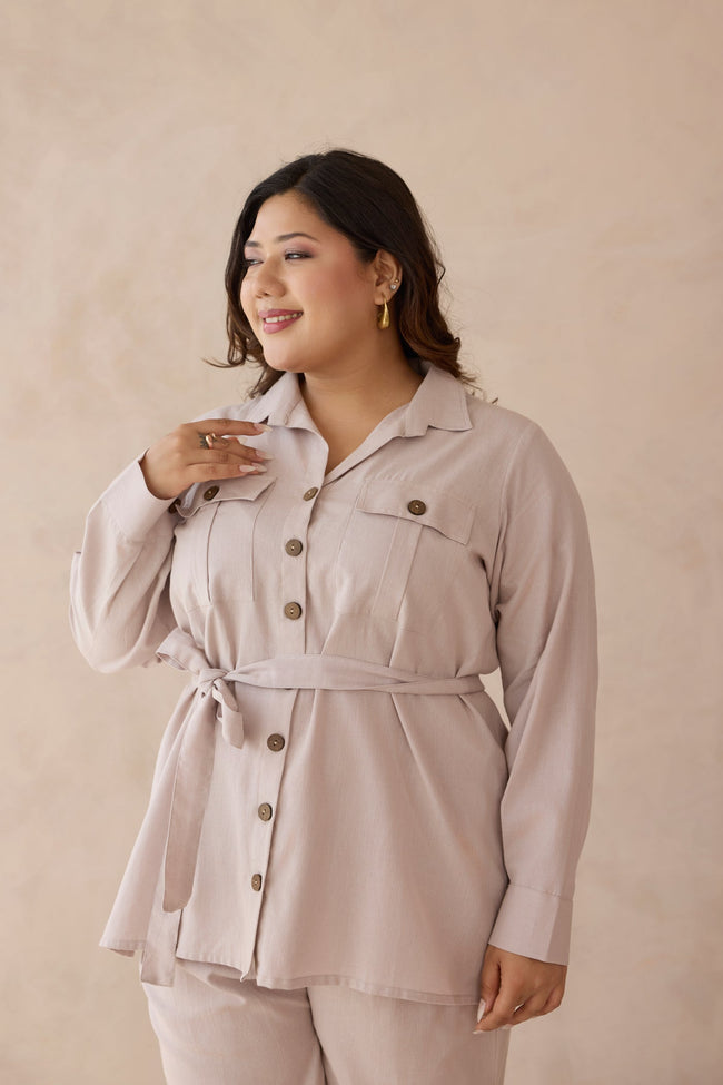 Blush Beige Top & Bottom Cotton Co-ord Set with Cargo Pockets-0