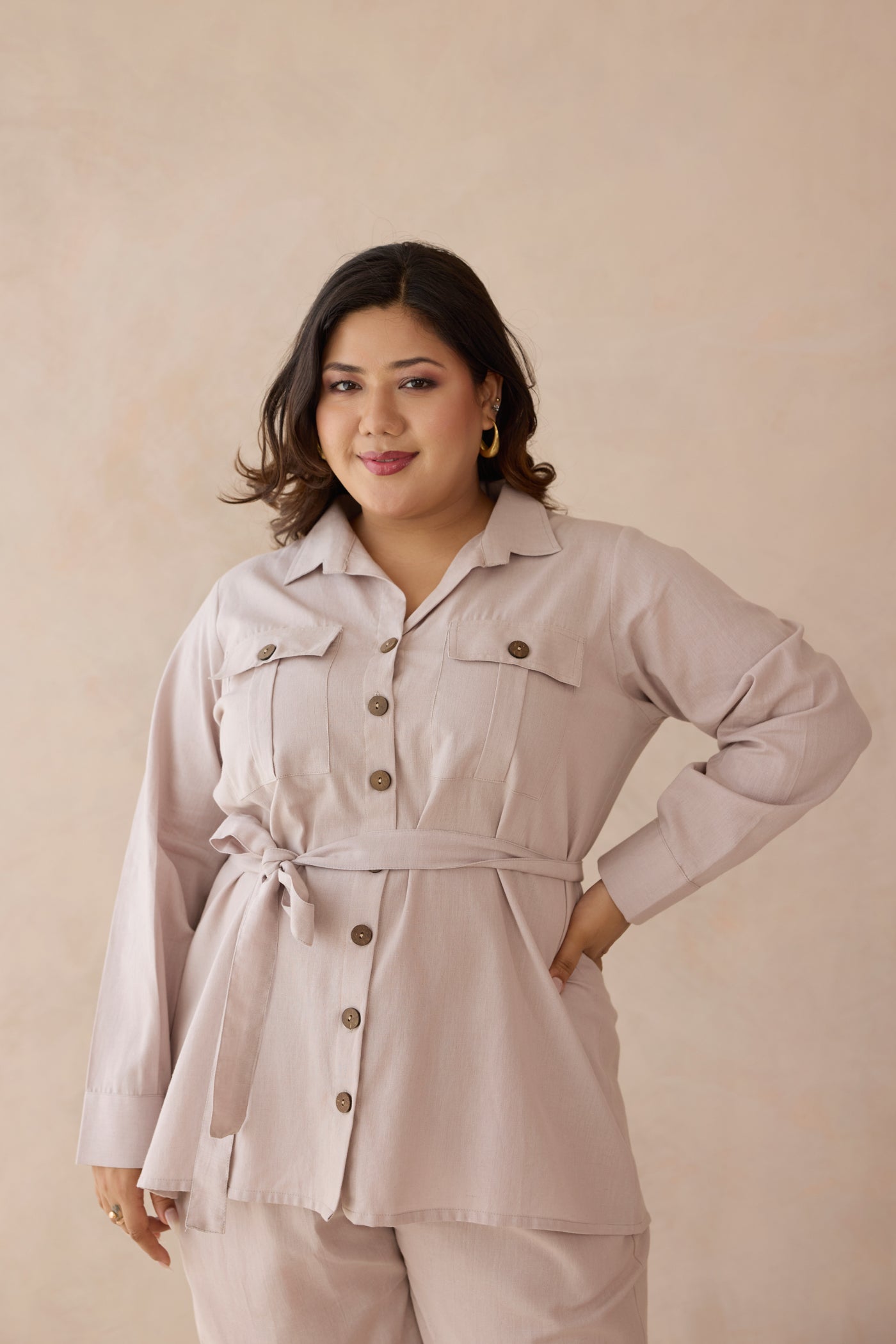 Blush Beige Top & Bottom Cotton Co-ord Set with Cargo Pockets-2