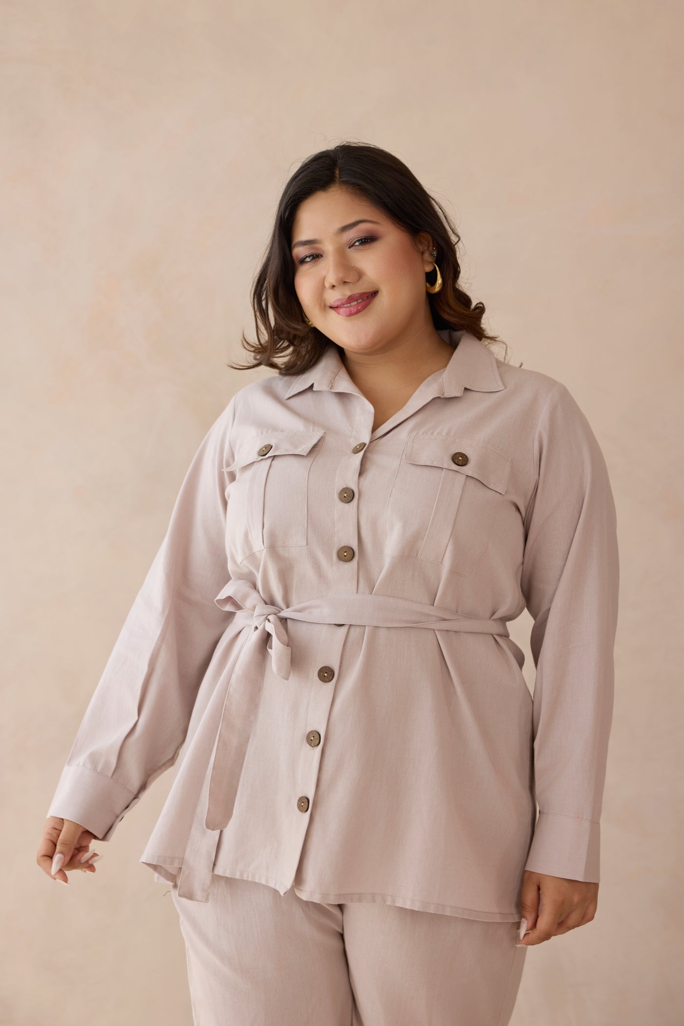 Blush Beige Top & Bottom Cotton Co-ord Set with Cargo Pockets-3