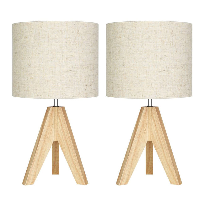 Set of 2 - Solid Wood Tripod Table Lamp with Beige Linen Drum Shade-0