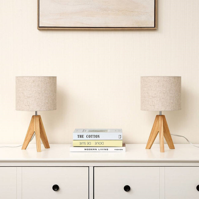 Set of 2 - Solid Wood Tripod Table Lamp with Beige Linen Drum Shade-1