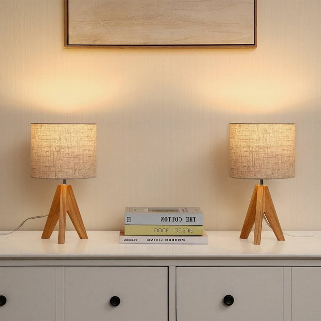 Set of 2 - Solid Wood Tripod Table Lamp with Beige Linen Drum Shade-1