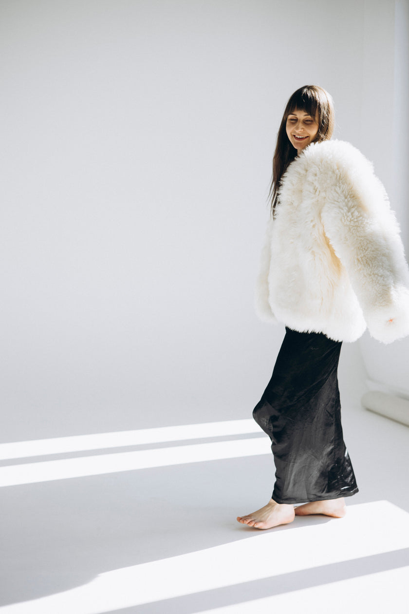 Sheepskin Fur / Coat with Burgundy Silk Lining - White-2