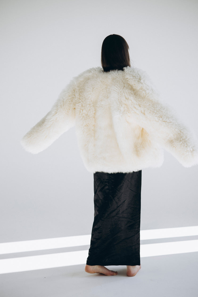 Sheepskin Fur / Coat with Burgundy Silk Lining - White-4
