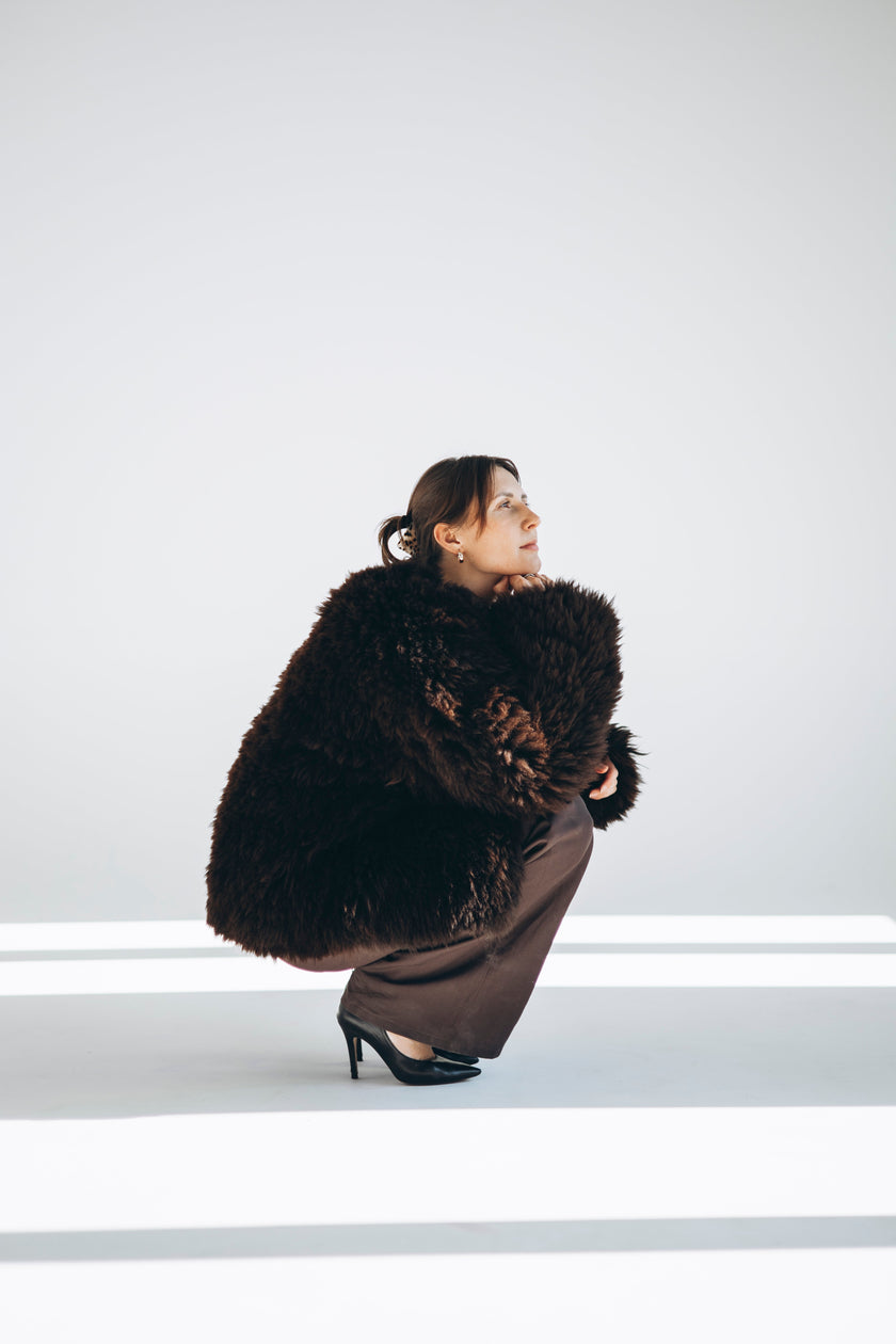 Sheepskin Fur / Coat with Burgundy Silk Lining - Brown-3