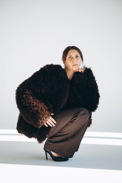 Sheepskin Fur / Coat with Burgundy Silk Lining - Brown-0