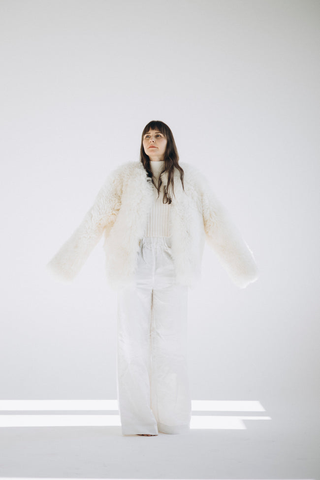 Sheepskin Fur / Coat with Burgundy Silk Lining - White-1
