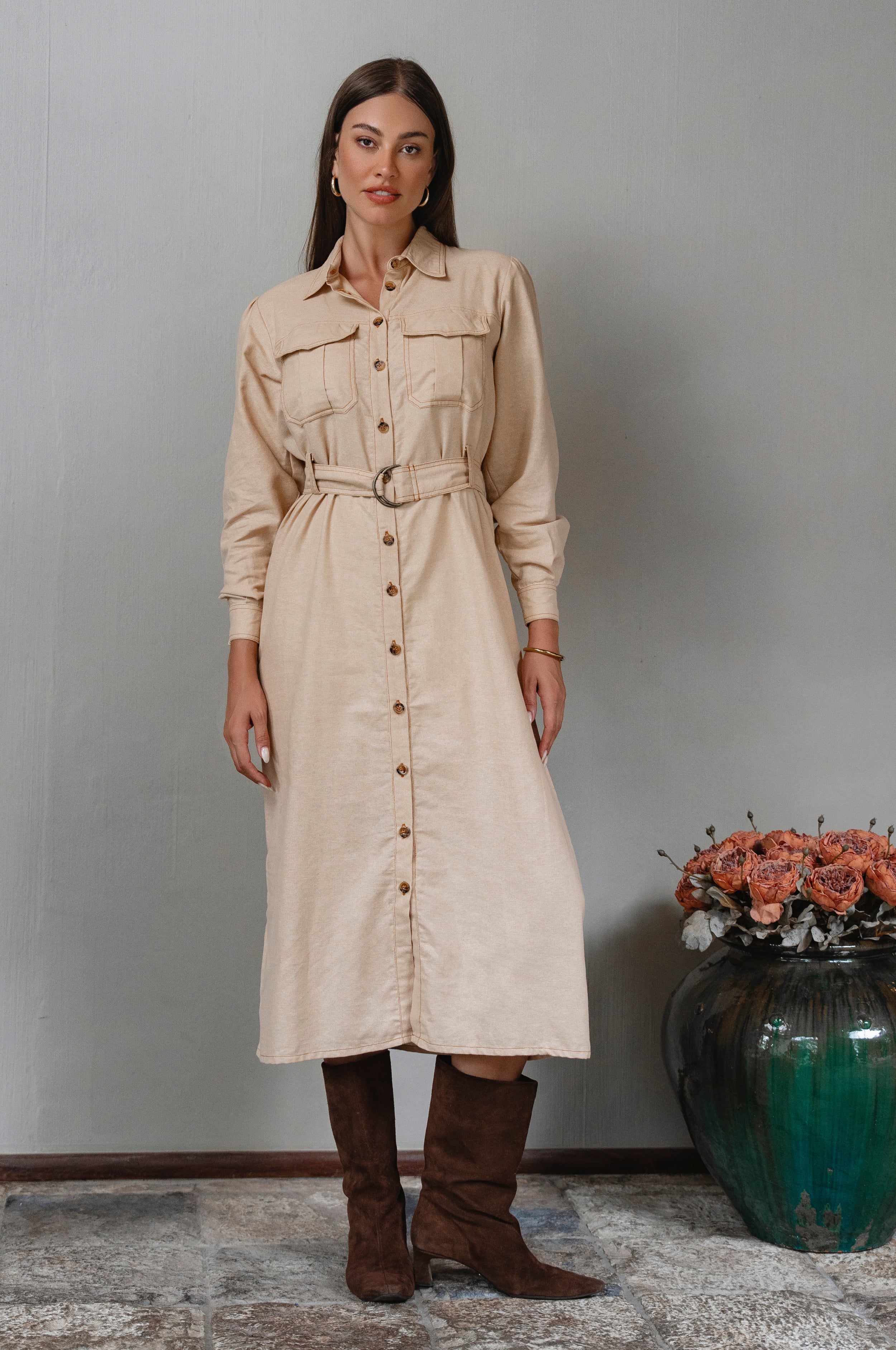 Marcelle Belted Linen Shirt Dress-1