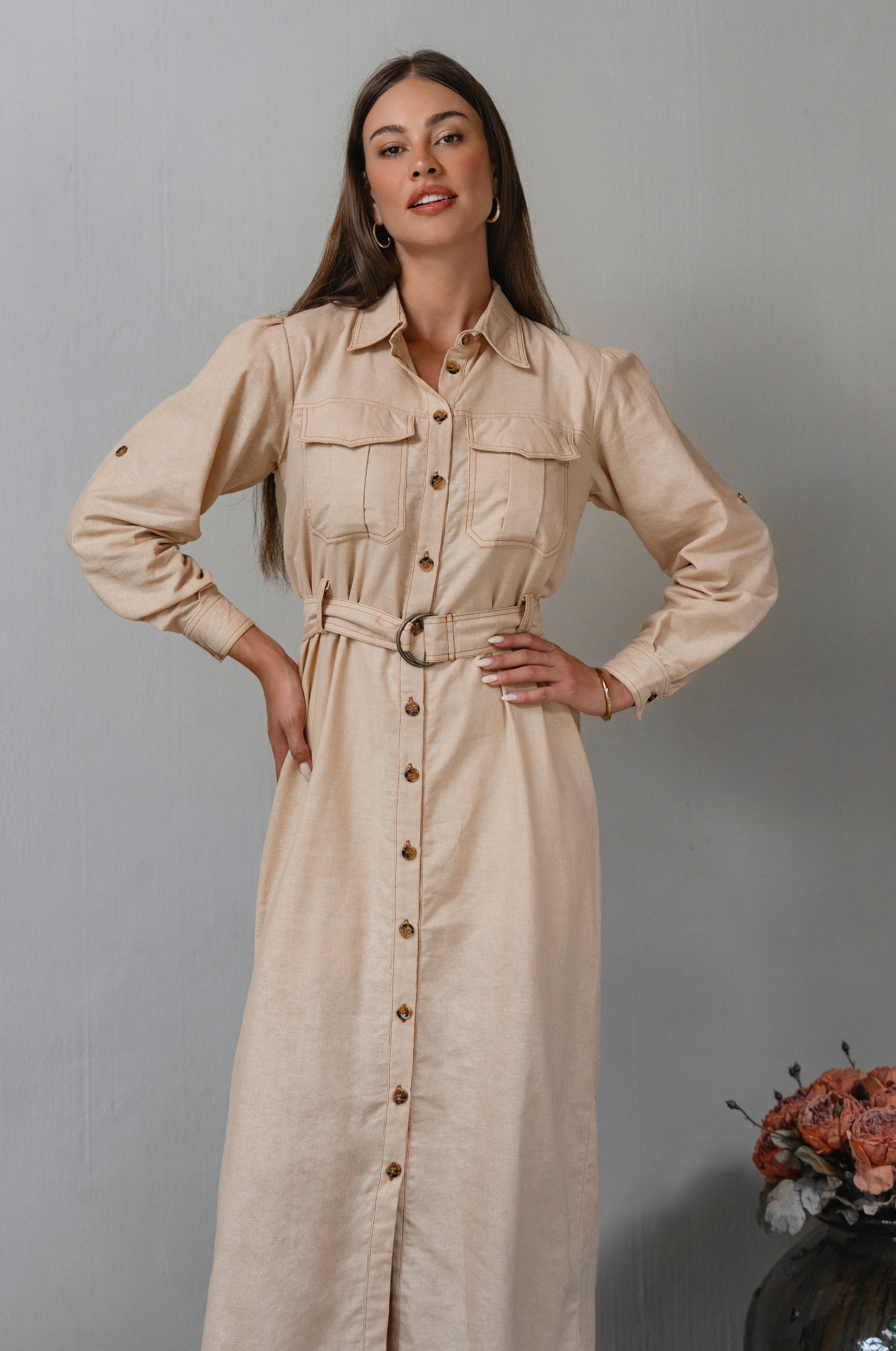 Marcelle Belted Linen Shirt Dress-2