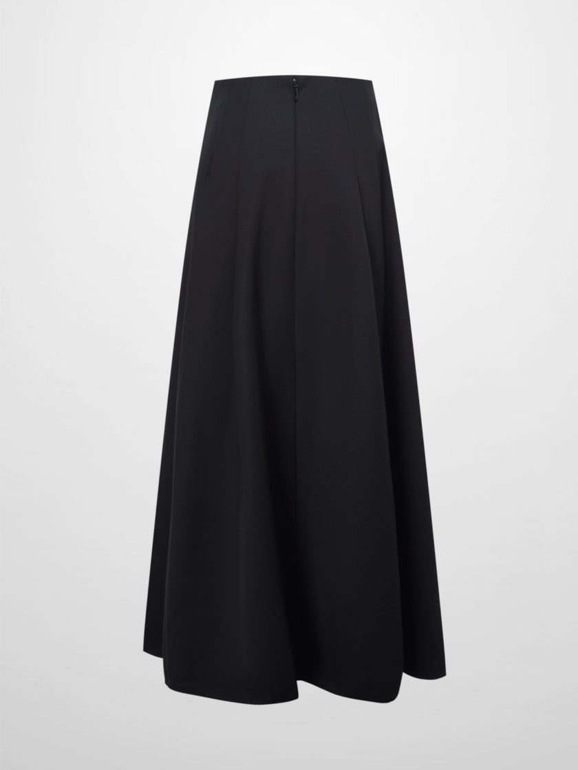 Top Pleat Wool Blend Midi Skirt-Black-1