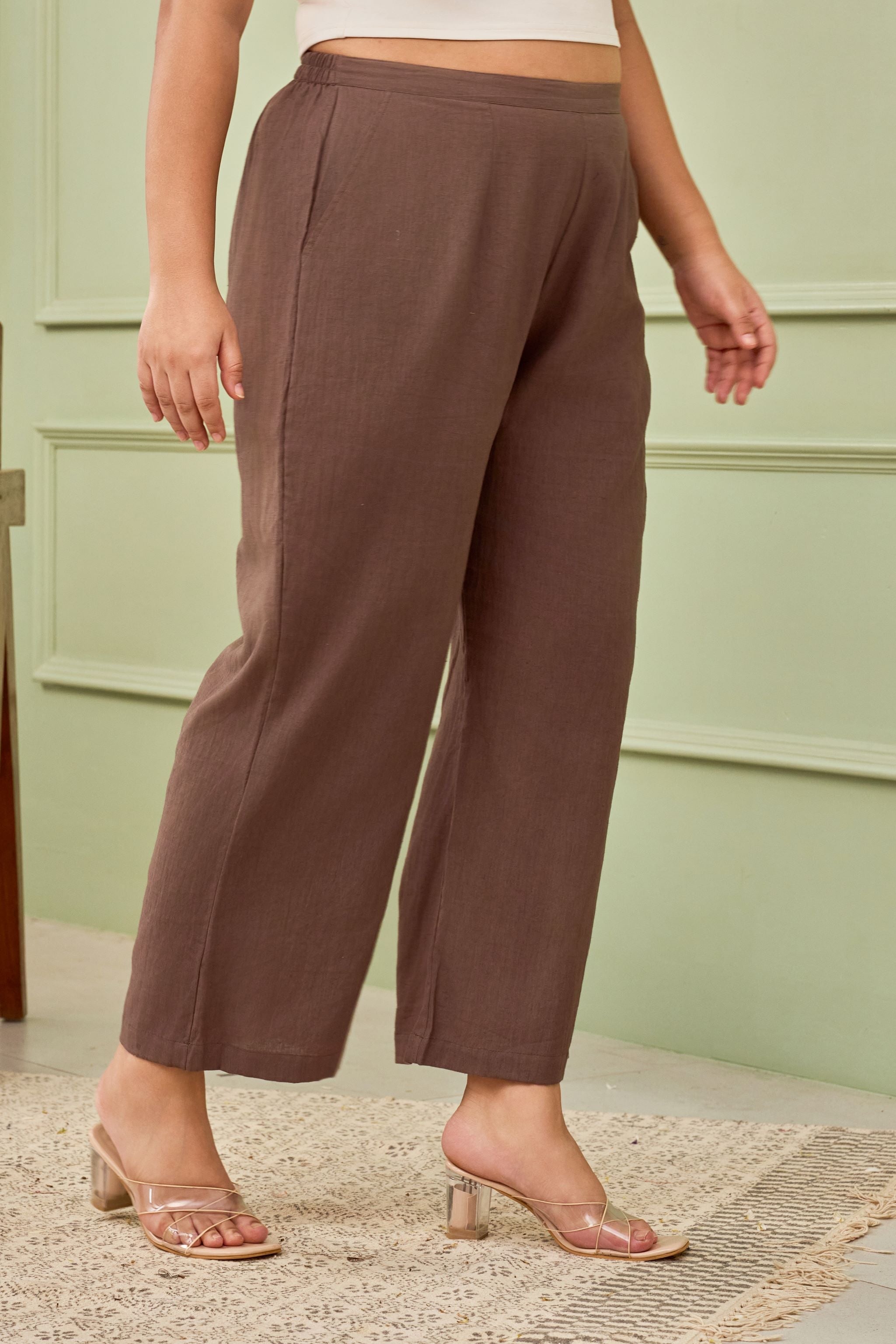TAUPE LINEN MID-RISE RELAXED FIT PANTS-1
