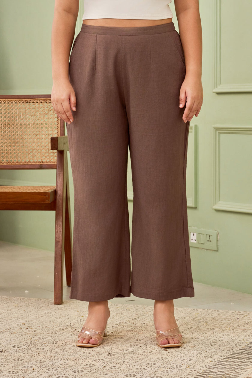 TAUPE LINEN MID-RISE RELAXED FIT PANTS-0