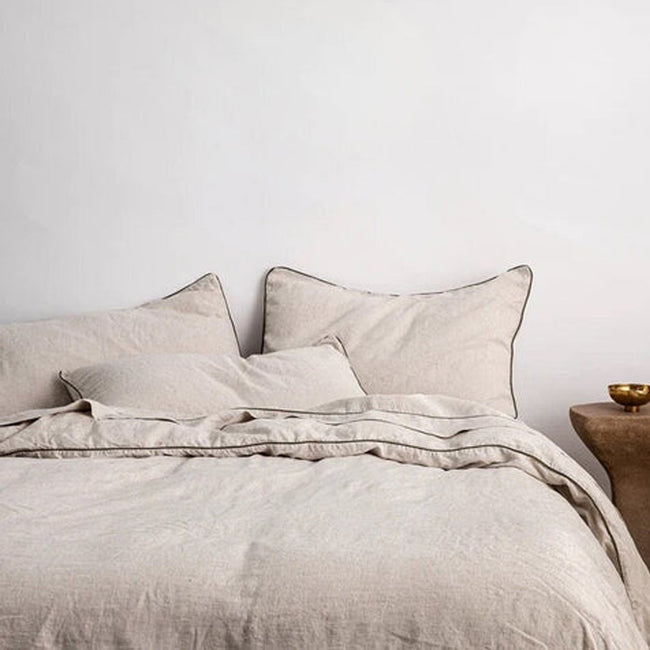 Natural Beige with Moss Green Piping - 100% Pure Linen or Linen Cotton | 3 Piece Piped Duvet Cover Set | Handmade | Pre-washed-0