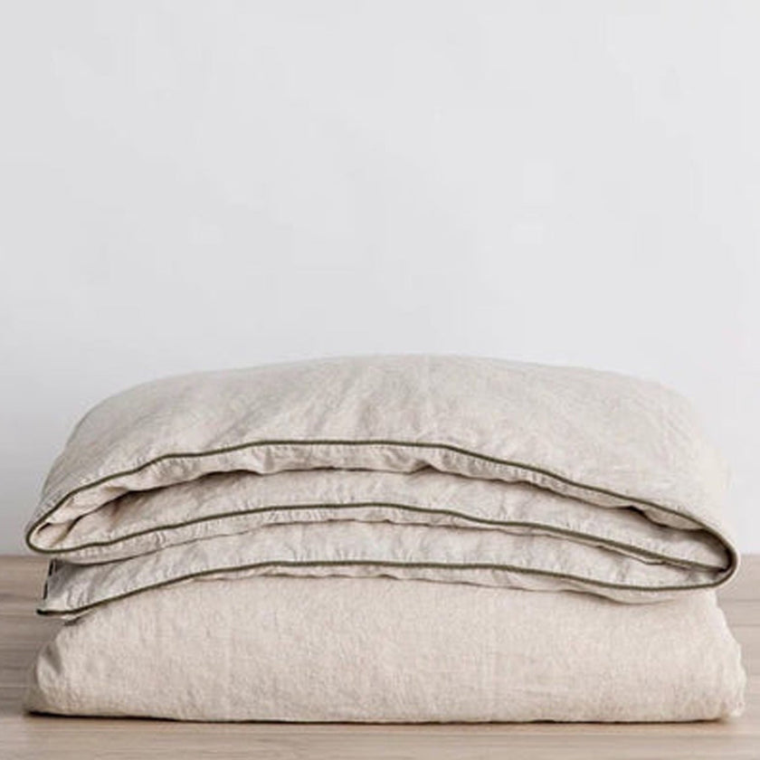 Natural Beige with Moss Green Piping - 100% Pure Linen or Linen Cotton | 3 Piece Piped Duvet Cover Set | Handmade | Pre-washed-2