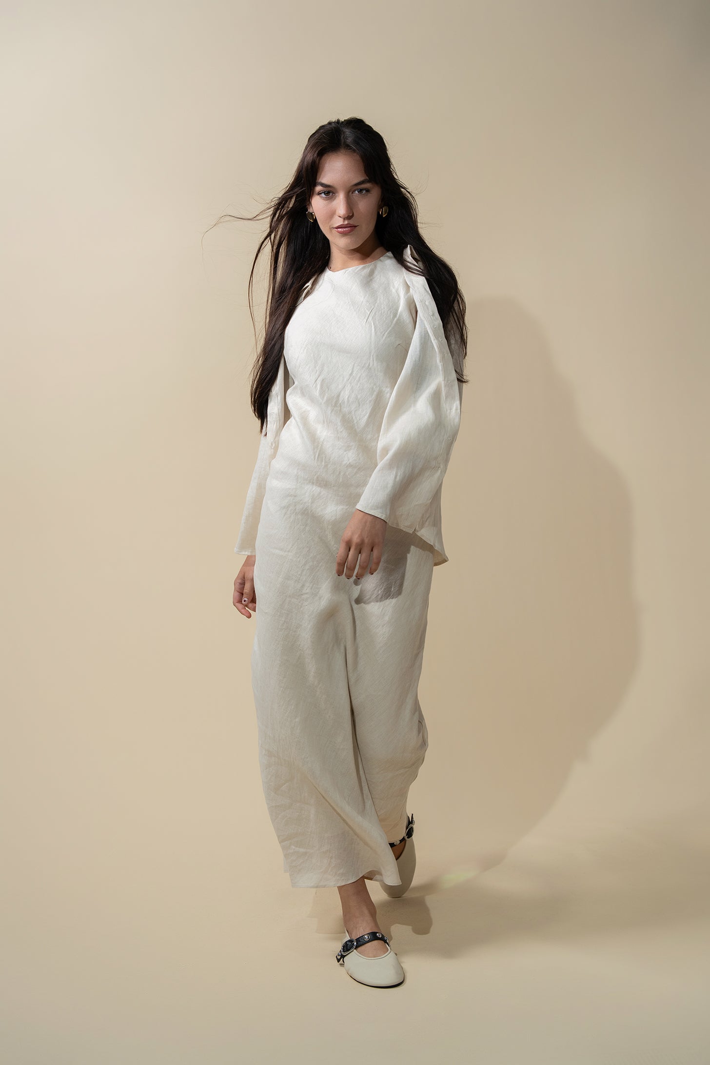 Linen A-Line Slip Dress-Ecru