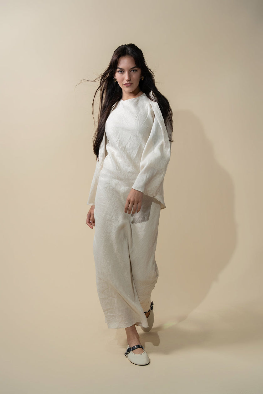 Linen A-Line Slip Dress-Ecru