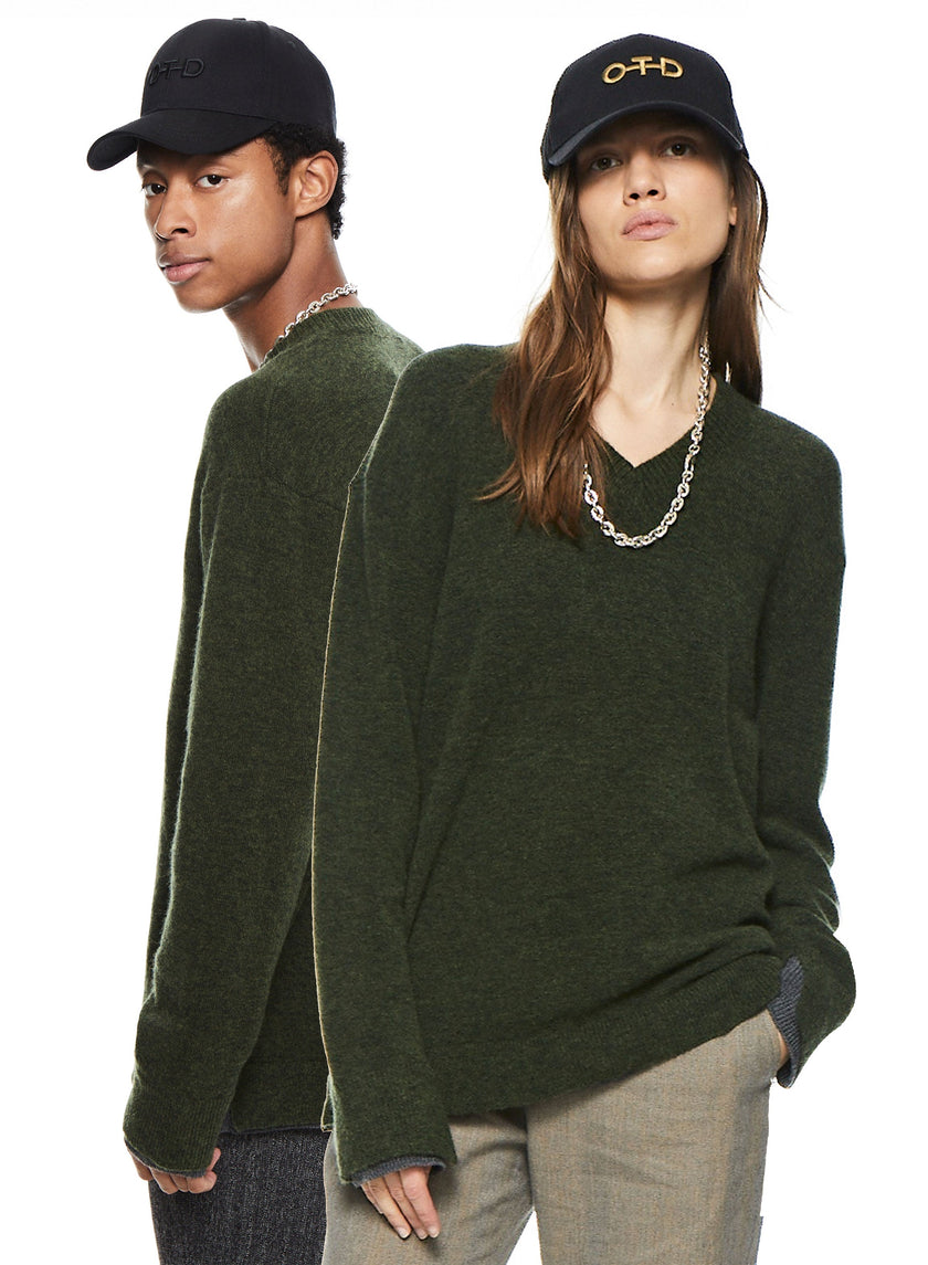 Merino Wool V-Neck Sweater (Dark-Olive)-1