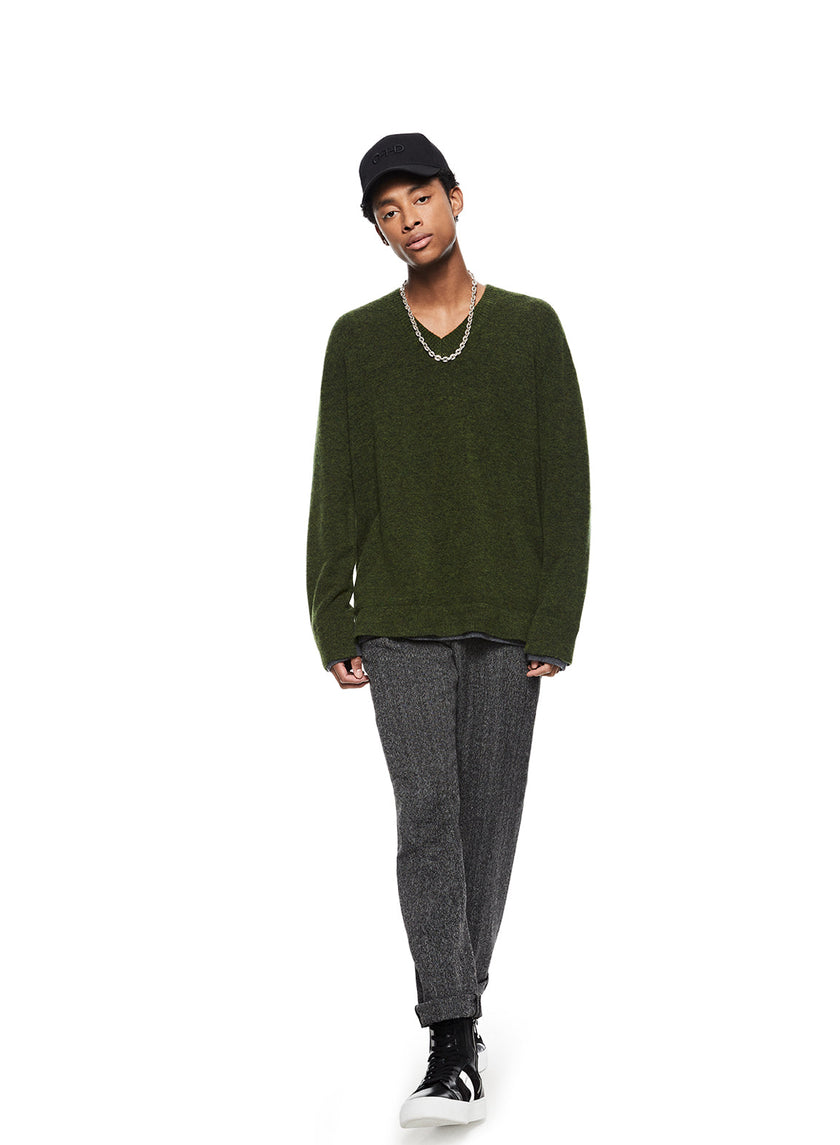 Merino Wool V-Neck Sweater (Dark-Olive)-2
