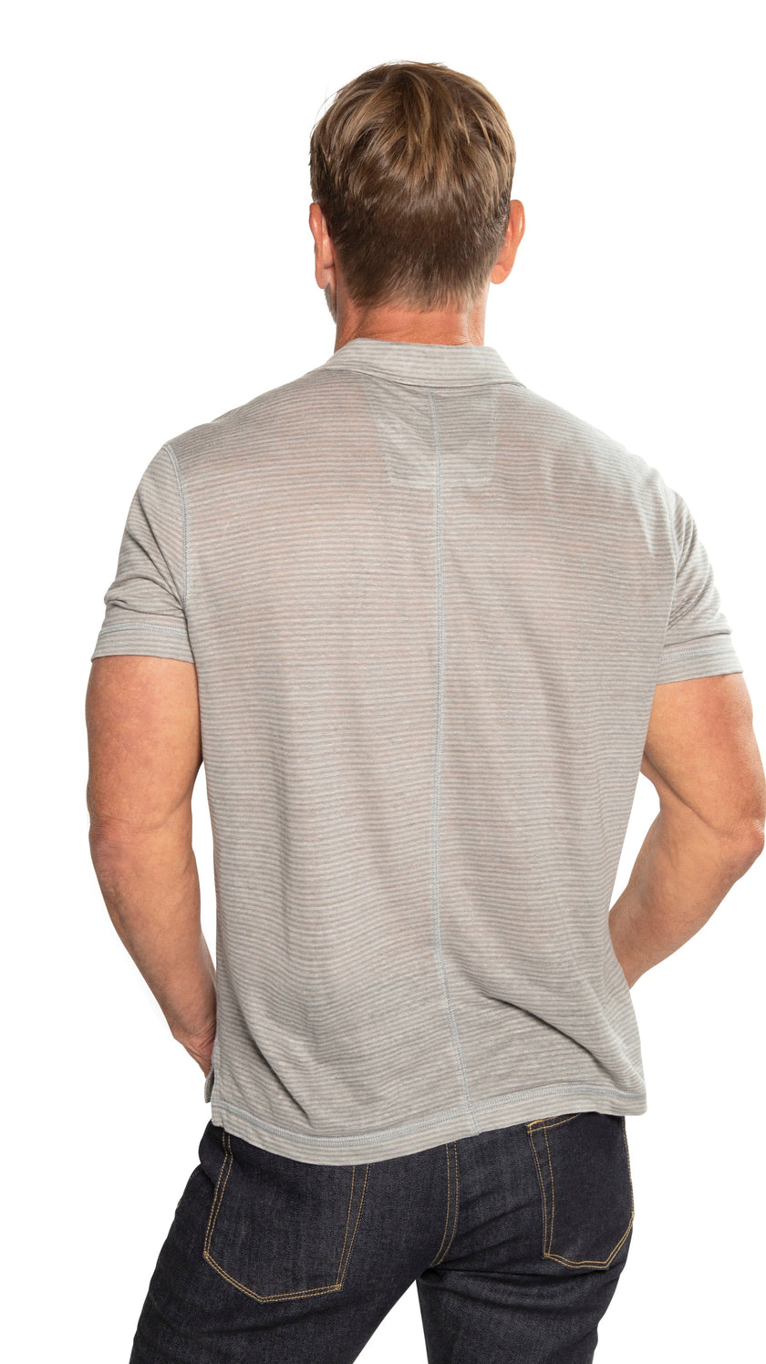 Linen Stripe Polo Shirt (Blue Slate)-2