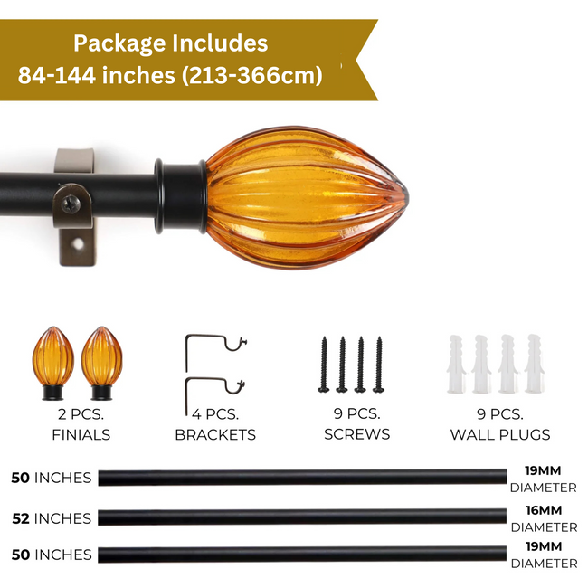 Black Extendable Telescopic Curtain Pole | Wooden Leaf Finials | 61-366cm