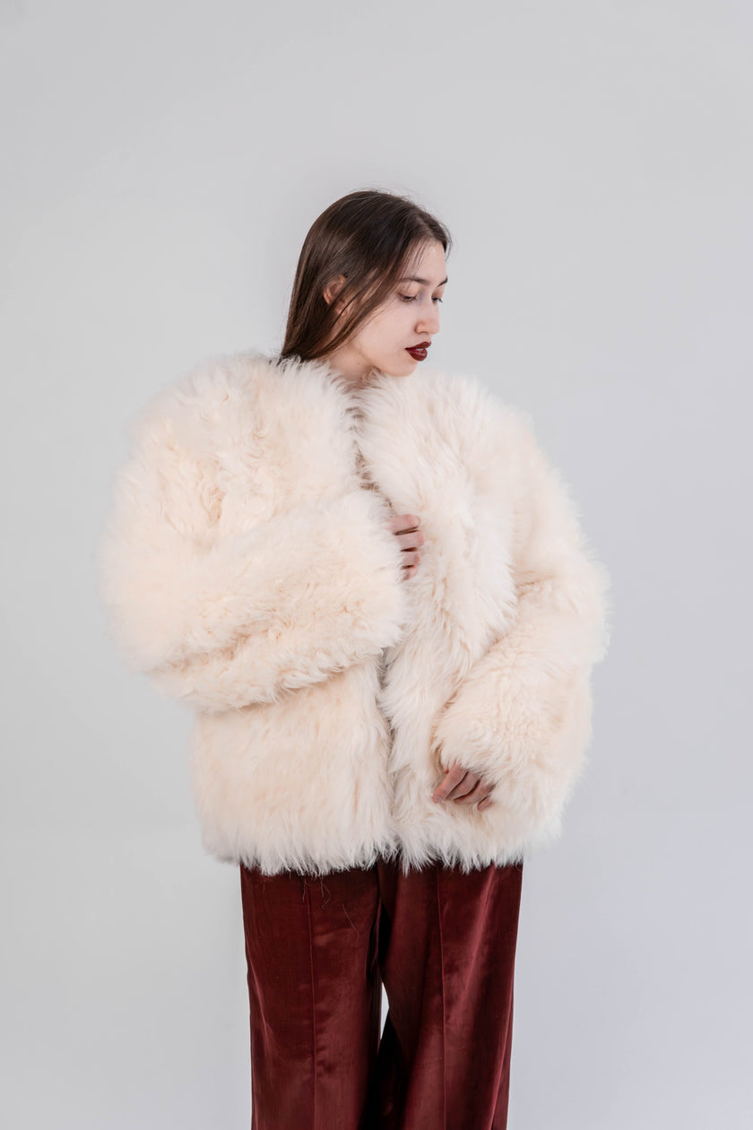 Sheepskin Fur / Coat with Burgundy Silk Lining - White-0