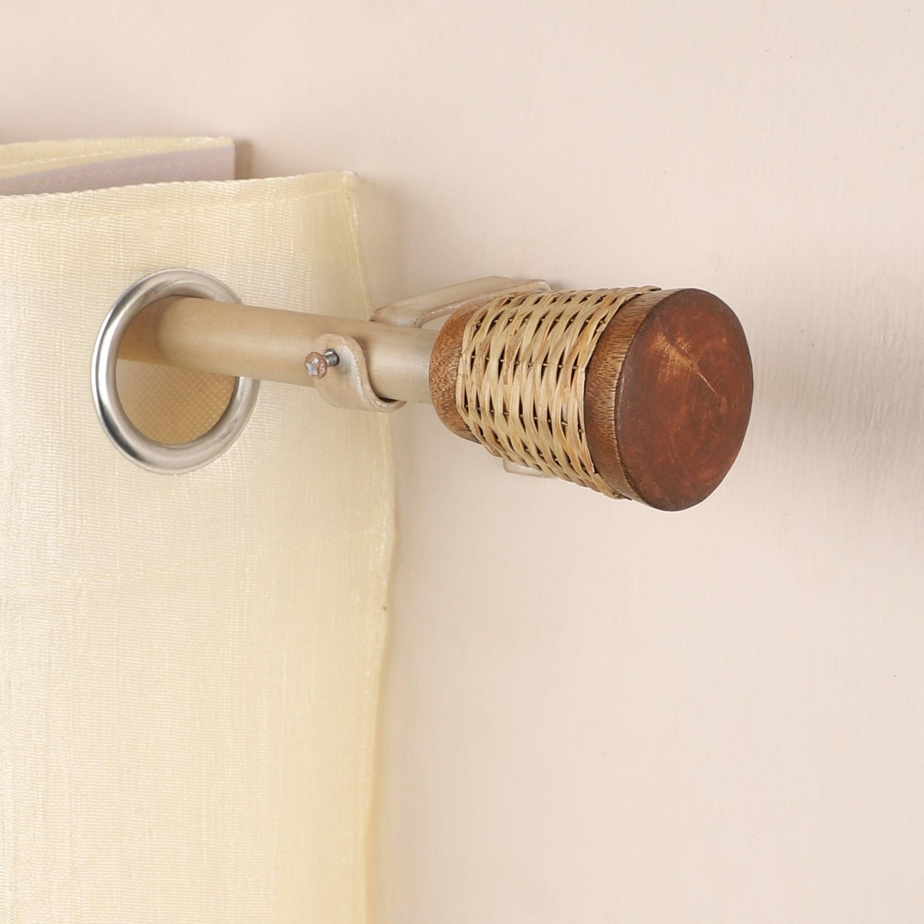 Beige Extendable Curtain Pole | Wooden Rattan Woven Finials | 61-366cm