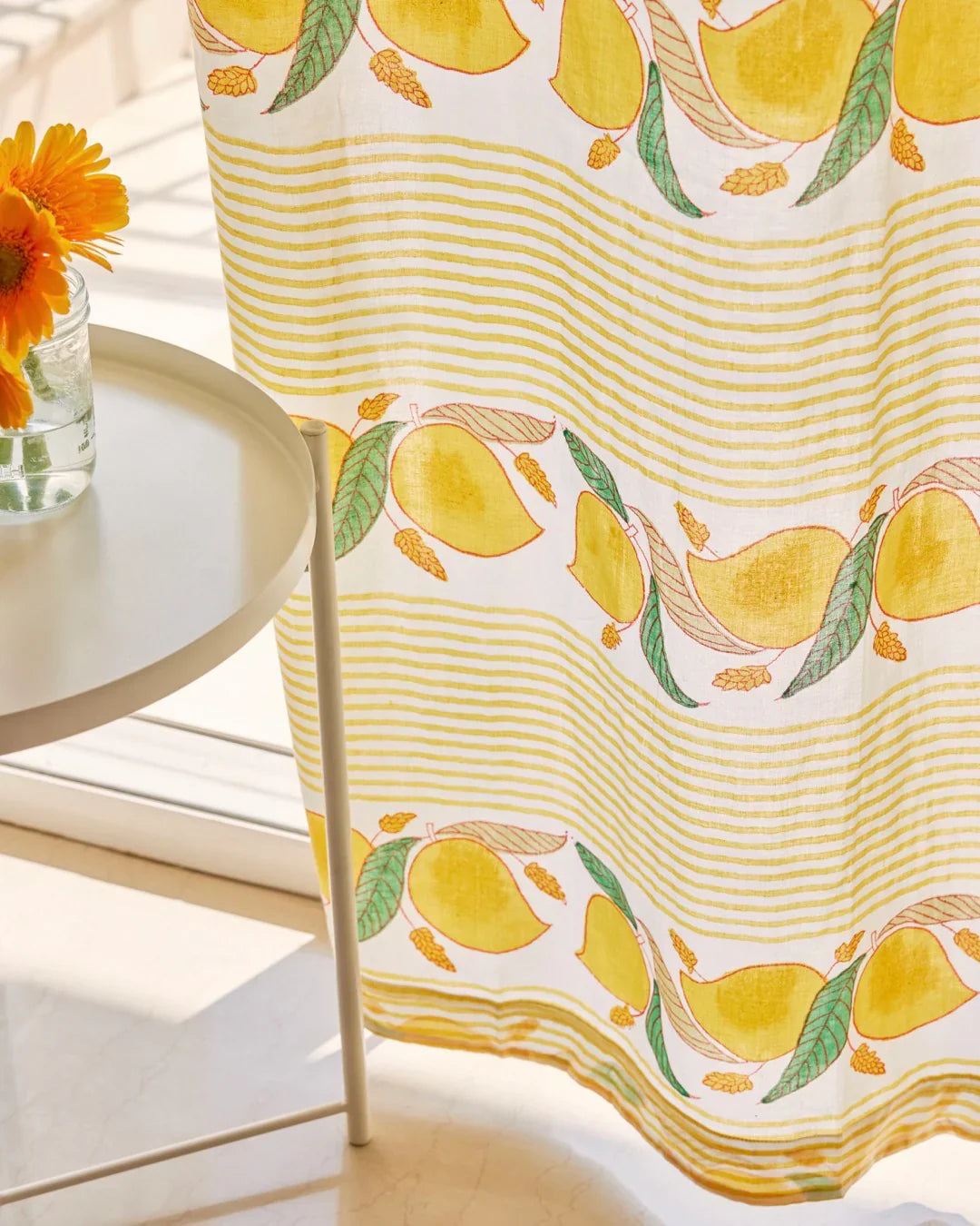 Yellow & Green Hand Block Printed Linen Curtains | Mango & Stripe Design