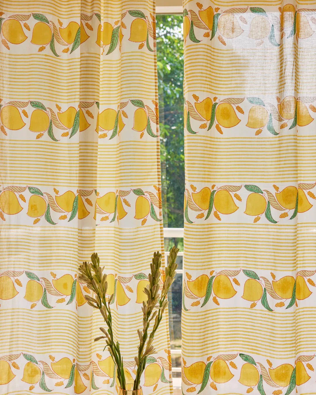 Yellow & Green Hand Block Printed Linen Curtains | Mango & Stripe Design