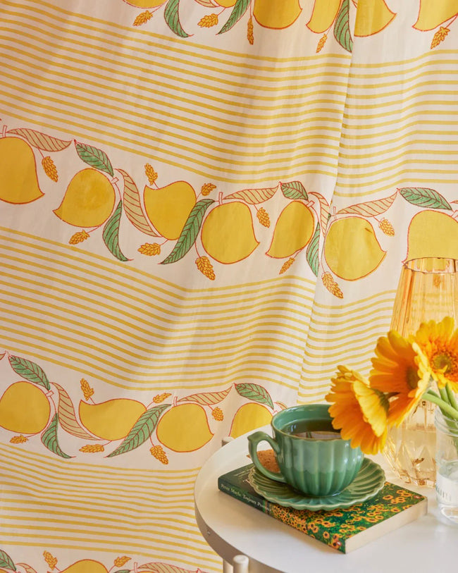 Yellow & Green Hand Block Printed Linen Curtains | Mango & Stripe Design