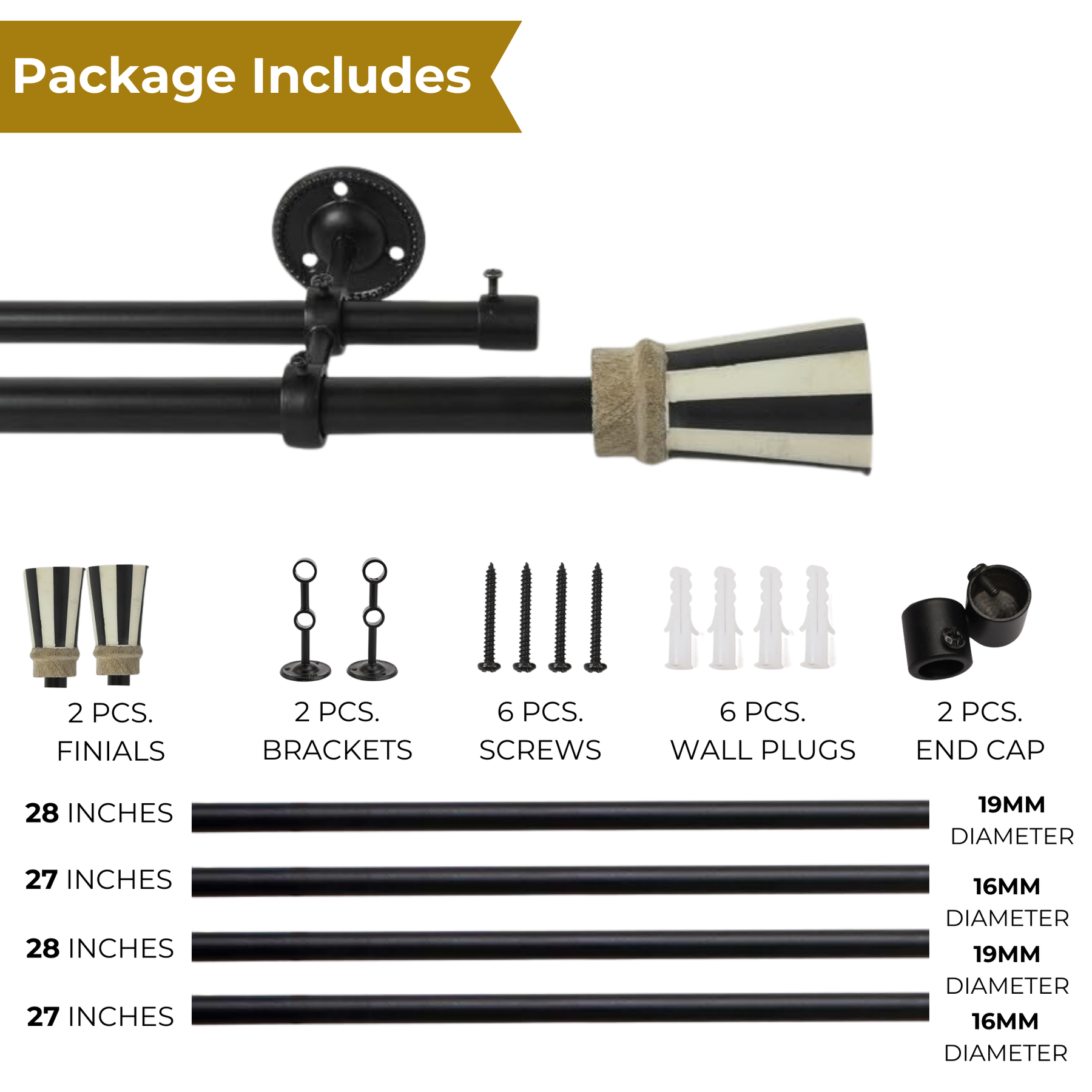 Double Curtain Pole | Black & White | Extendable & Adjustable | 28-144 Inch |  Includes Striped Finials