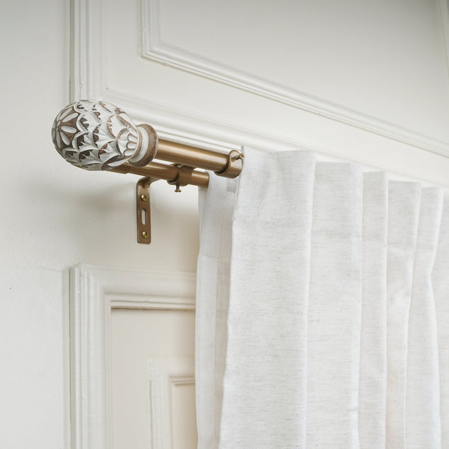 Gold Double Curtain Rod with White and Wooden Carved Finials