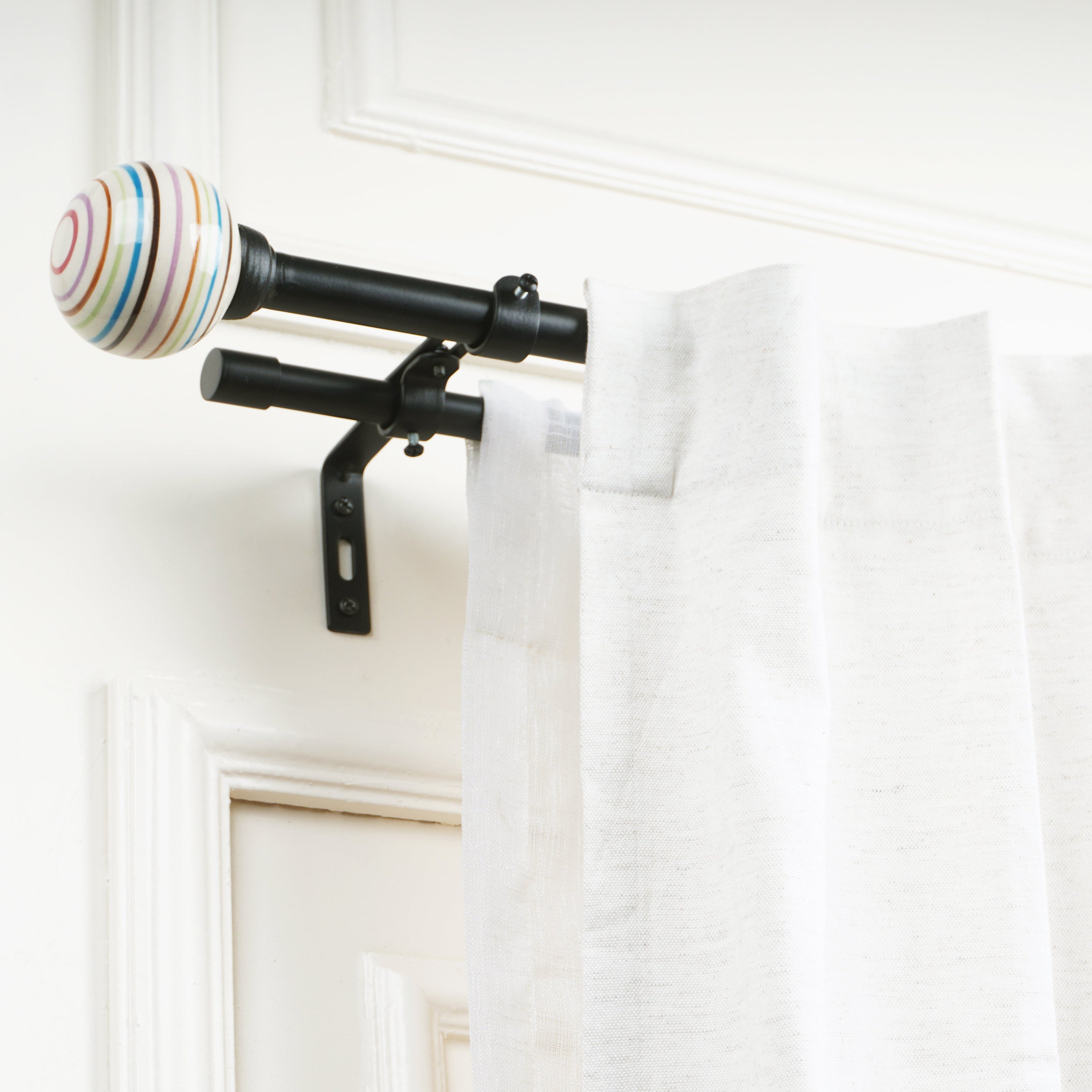Black Metal Double Curtain Rod | Colorful Ball Finials | Extendable