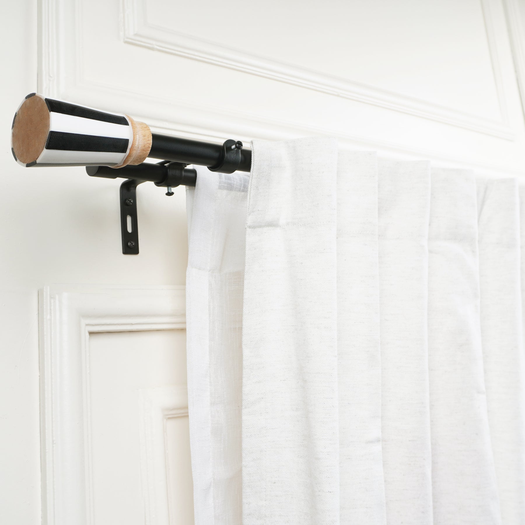 Double Curtain Pole | Black & White | Extendable & Adjustable | 28-144 Inch |  Includes Striped Finials