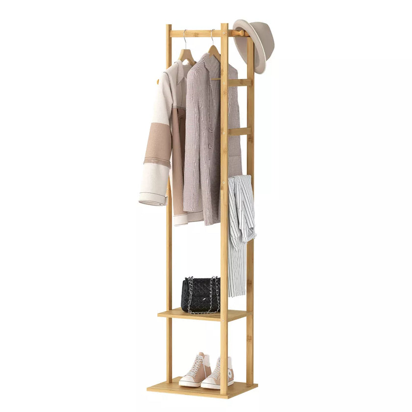 Yellow Bamboo Garment Rack with 2 Tier Shelves - Free-Standing Wooden Clothing Rack-2