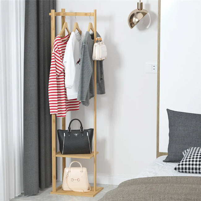 Yellow Bamboo Garment Rack with 2 Tier Shelves - Free-Standing Wooden Clothing Rack