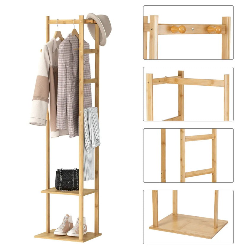 Yellow Bamboo Garment Rack with 2 Tier Shelves - Free-Standing Wooden Clothing Rack-3