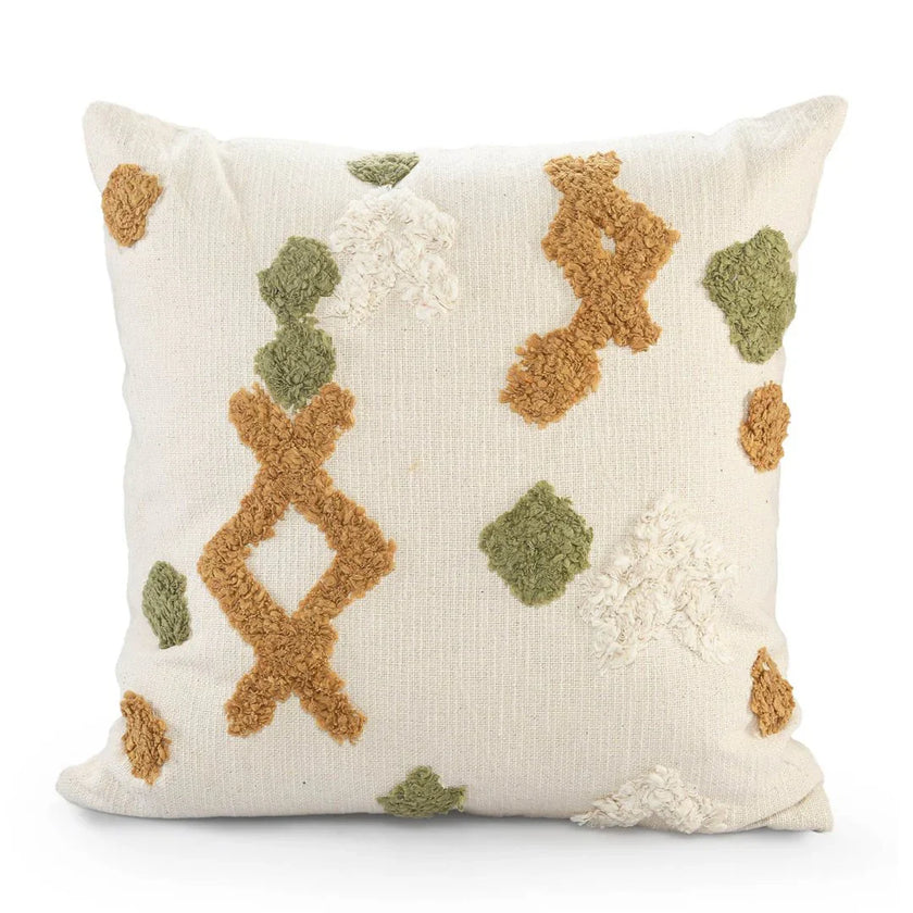 Boho Cushion Cover | 45x45cm | Tufted Organic Cotton | Mustard, Green & Cream