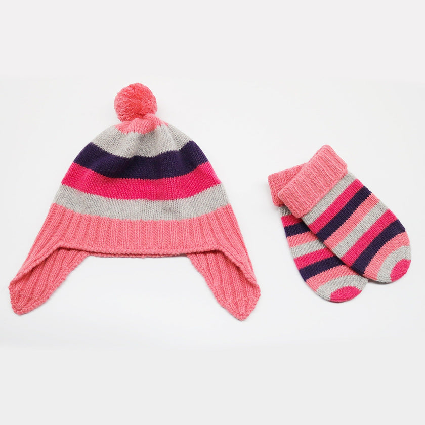 Luxury Baby Striped Earflap Cashmere Hat with Pom Poms 3-6M to 9-12M Sizes-4