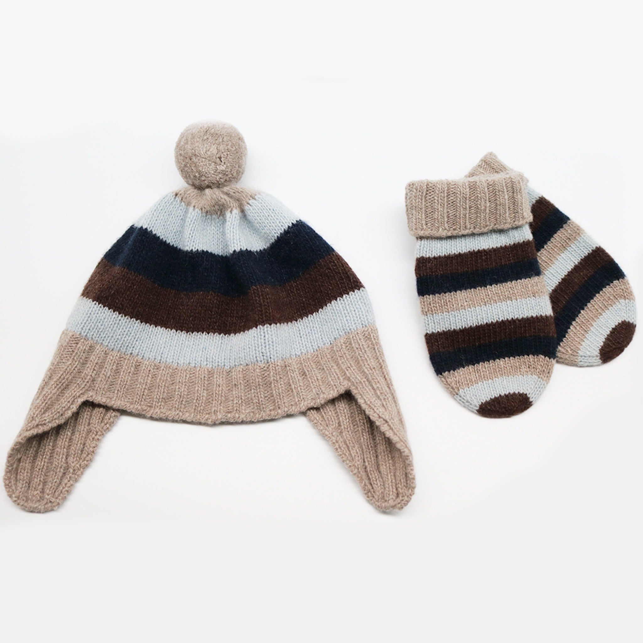 Luxury Baby Striped Earflap Cashmere Hat with Pom Poms 3-6M to 9-12M Sizes-1
