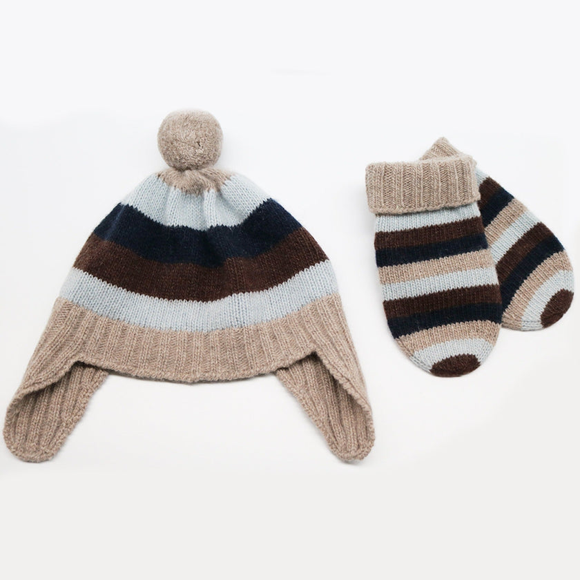 Luxury Baby Striped Earflap Cashmere Hat with Pom Poms 3-6M to 9-12M Sizes-1