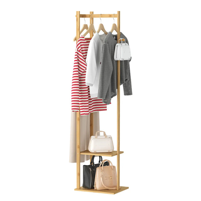 Yellow Bamboo Garment Rack with 2 Tier Shelves - Free-Standing Wooden Clothing Rack