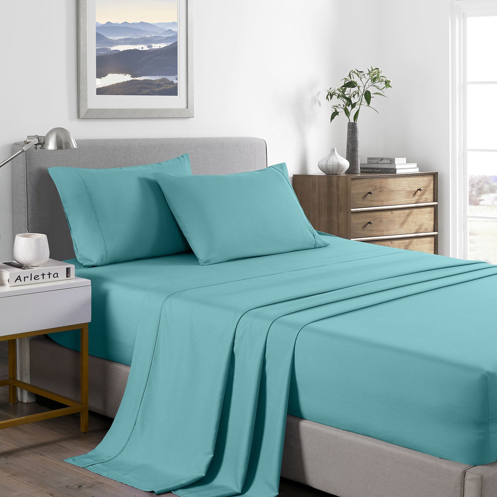 NNEDSZ Comfort 2000 Thread Count Bamboo Cooling Sheet Set Ultra Soft Bedding Single Aqua