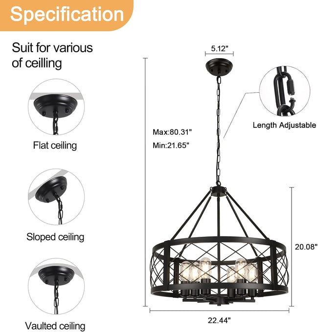 6 Light Black Rustic Drum Chandelier 22.5 Inch Dining Room-1