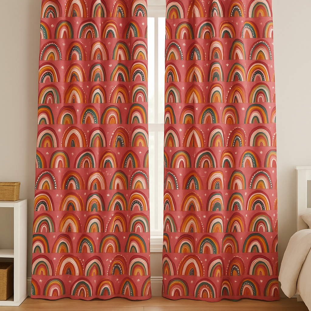 Rainbow Dreams Cotton Kids Curtains – Berry-Pink Bedroom Drapes, Light-Filtering or 100 % Blackout | Made to Measure
