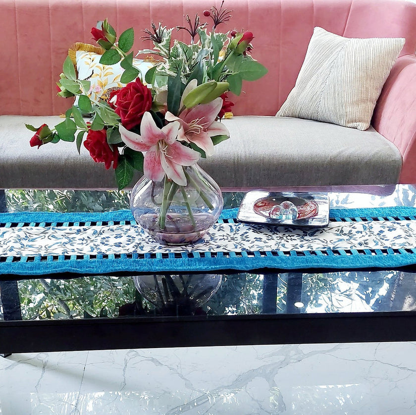 Blue & White Chinoiserie Table Runner | Organic Linen | Cutwork Design | 92-305cm