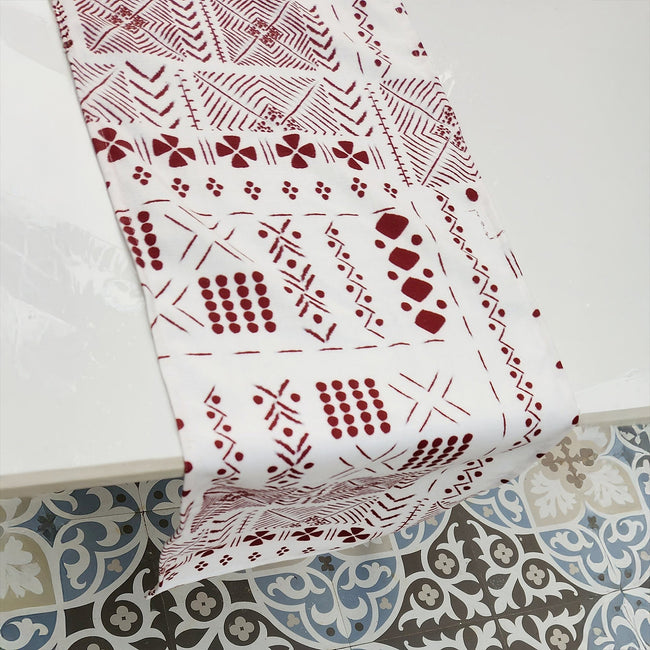 White & Maroon Tribal Table Runner | Organic Linen |  Bohemian Style | 92-305cm