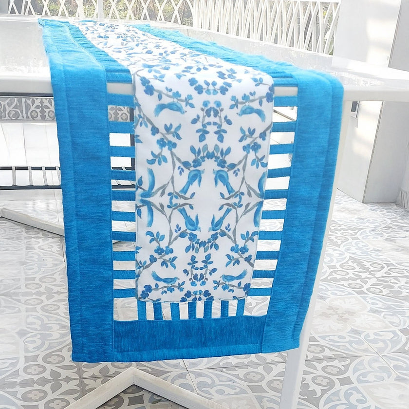 Blue & White Chinoiserie Table Runner | Organic Linen | Cutwork Design | 92-305cm