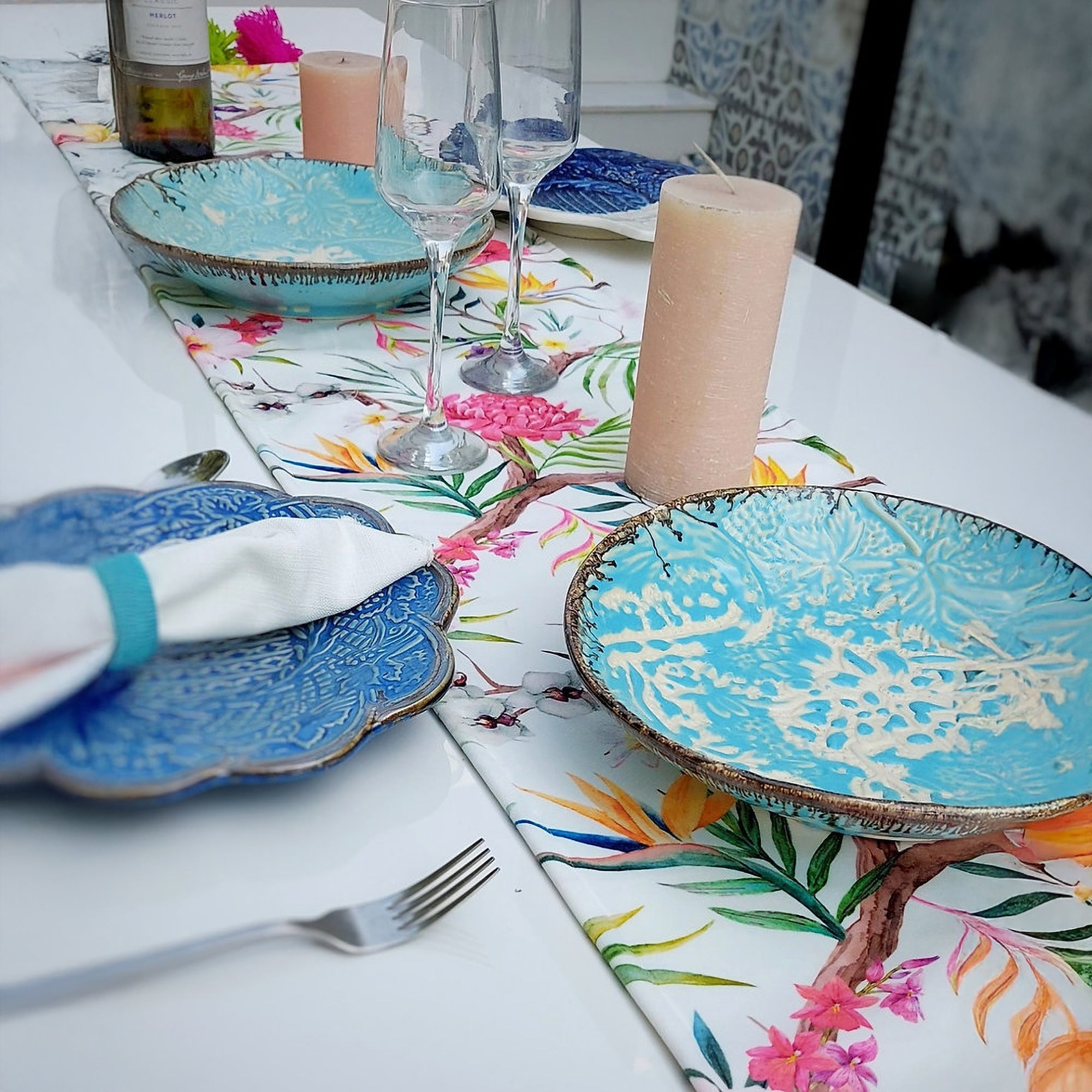 Tropical Floral Table Runner | Organic Linen | Multicolor Tassels | 92-305cm