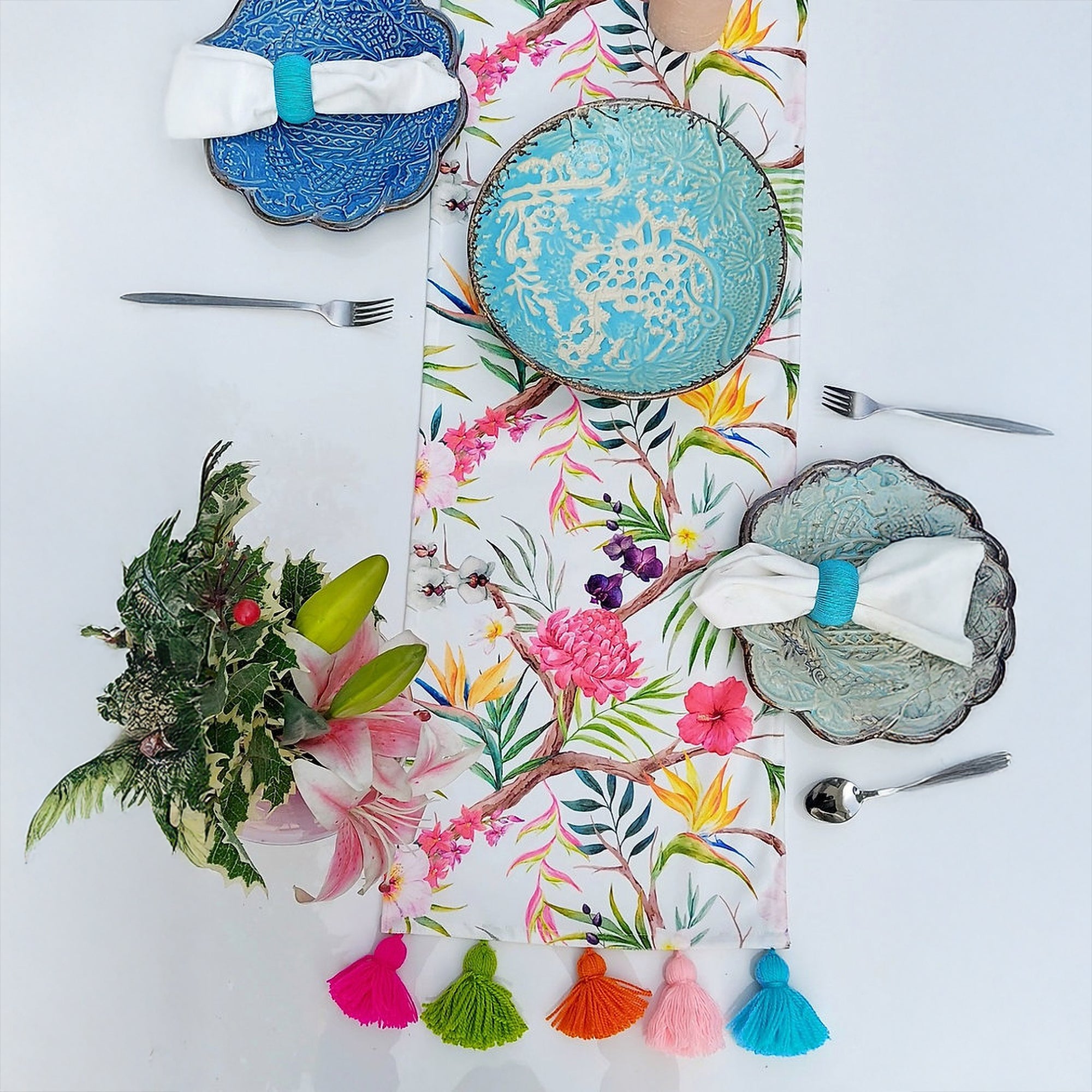 Tropical Floral Table Runner | Organic Linen | Multicolor Tassels | 92-305cm
