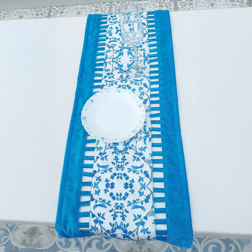 Blue & White Chinoiserie Table Runner | Organic Linen | Cutwork Design | 92-305cm